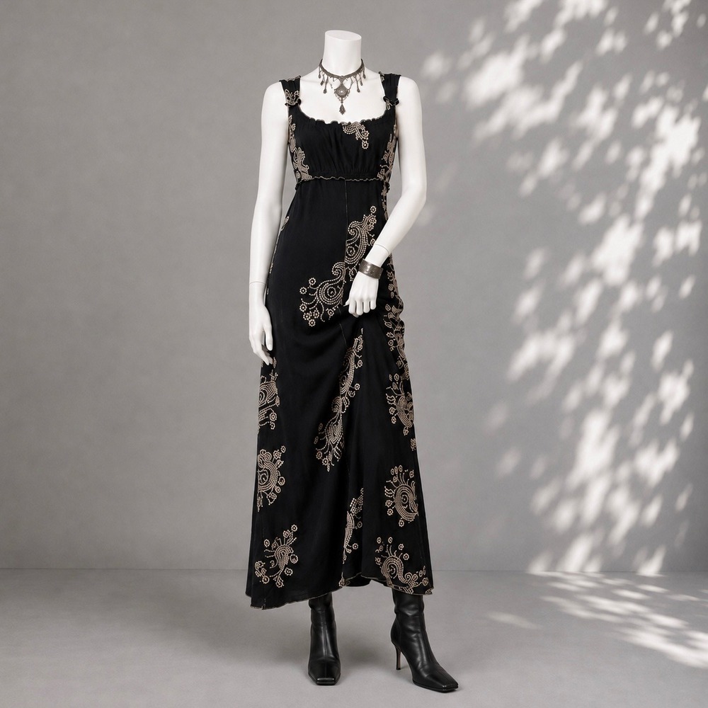 BCBGMAXAZRIA Black Cotton Paisley Embroidered Empire Waist Maxi Dress Large